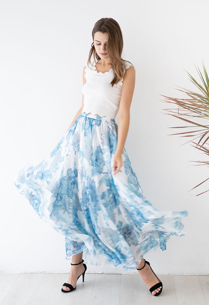 Vibrant Flower Print Chiffon Maxi Skirt in Blue