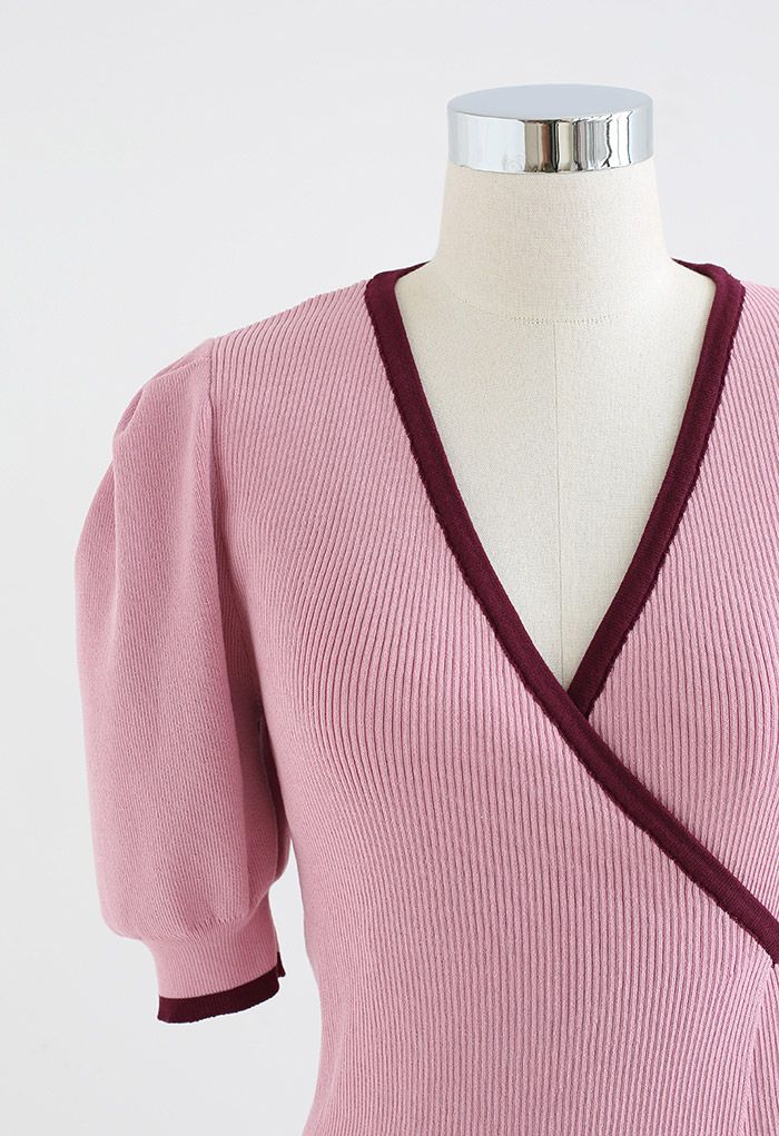 Puff Sleeve Tie-Waist Wrap Knit Top in Pink
