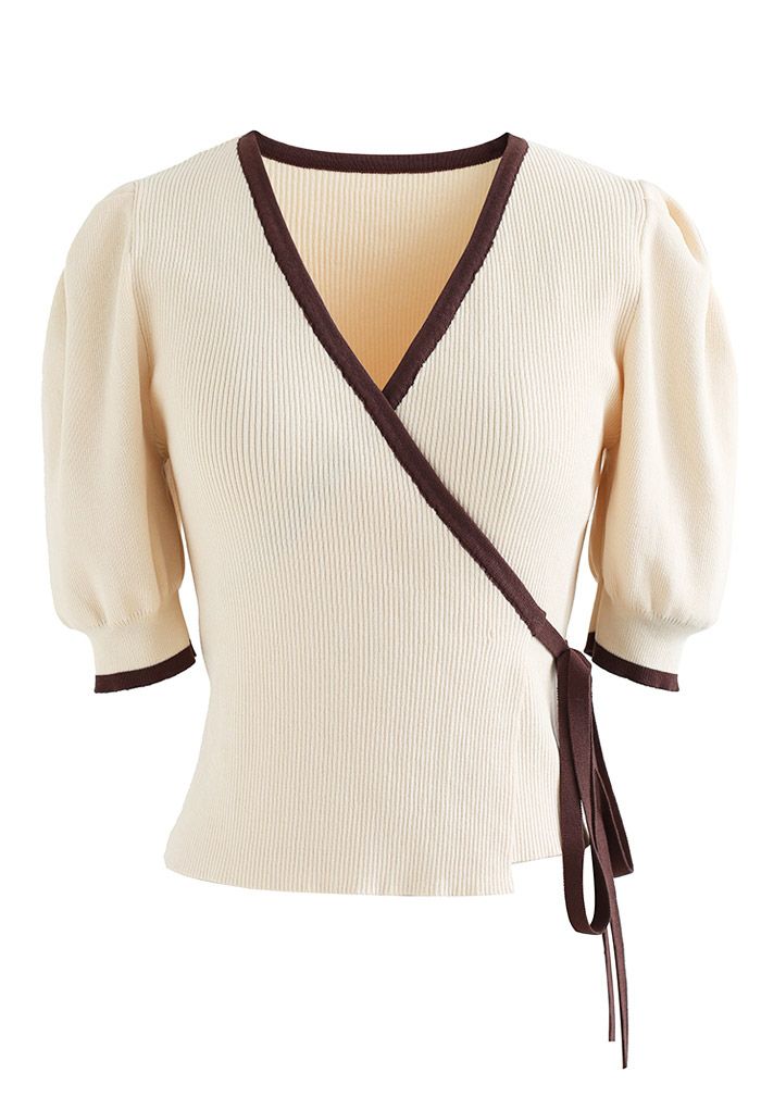 Puff Sleeve Tie-Waist Wrap Knit Top in Cream