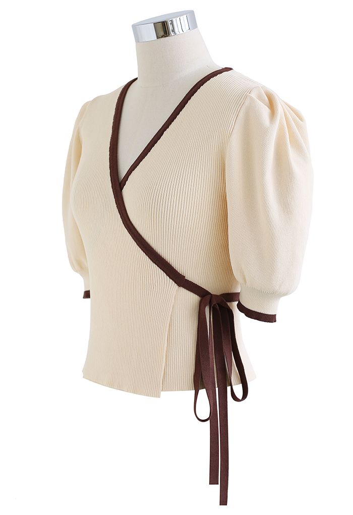 Puff Sleeve Tie-Waist Wrap Knit Top in Cream