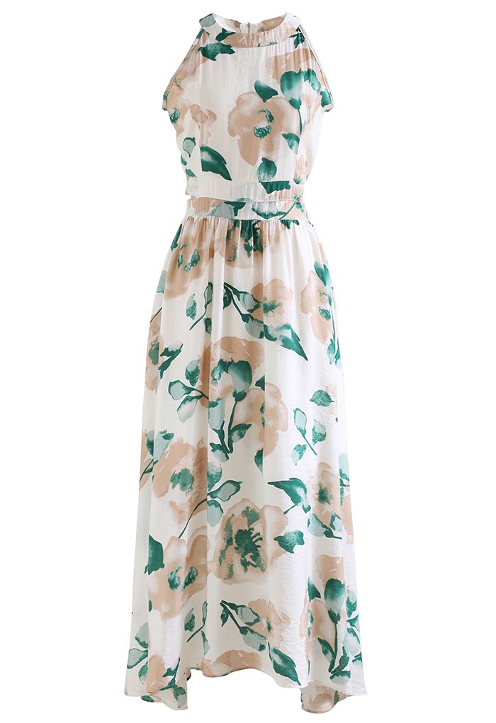 Summer Mood Watercolor Floral Halter Maxi Dress