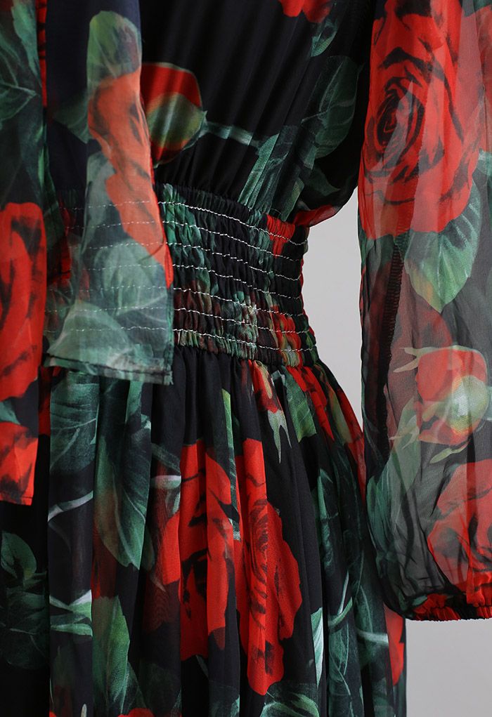 Rose Print Asymmetric Hem Chiffon Maxi Dress