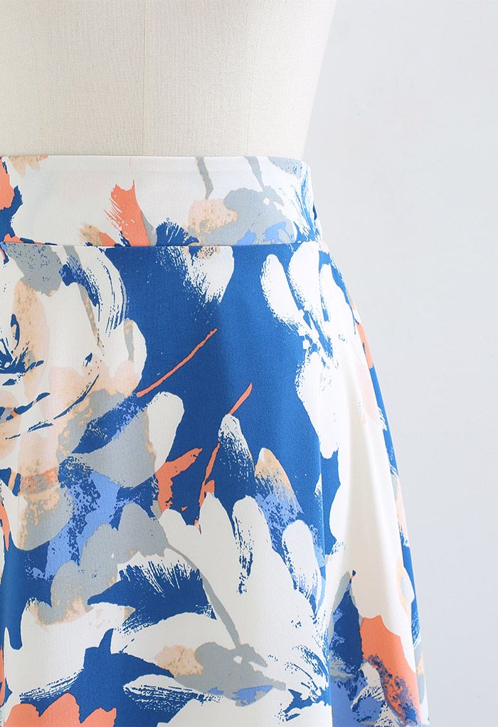 Abstract Floral Print Midi Skirt in Blue