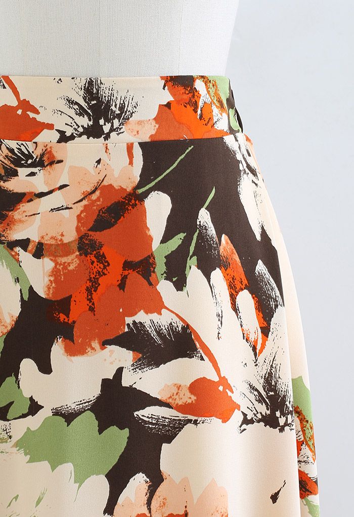 Abstract Floral Print Midi Skirt in Orange