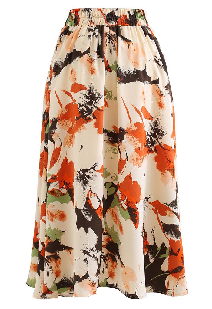 Abstract Floral Print Midi Skirt in Orange