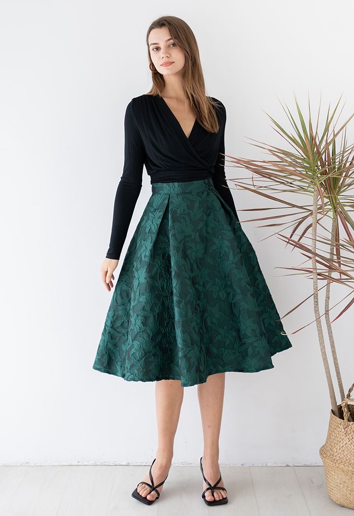 Lily Jacquard A-Line Midi Skirt in Emerald