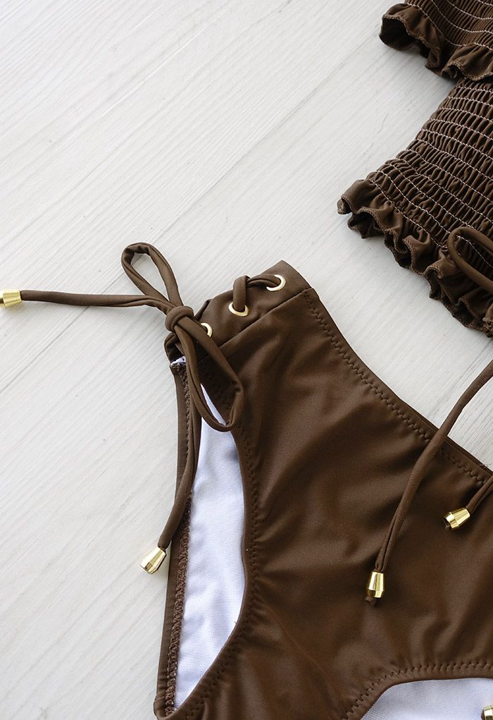 Lace-Up Ruffle Off-Shoulder Bikini Set in Brown