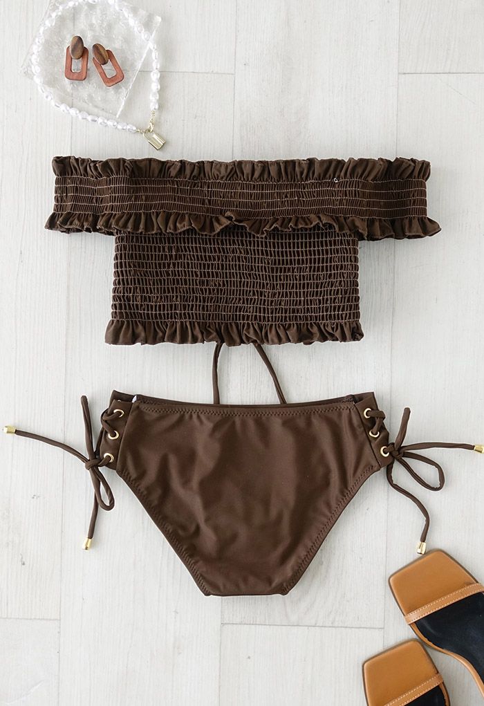Lace-Up Ruffle Off-Shoulder Bikini Set in Brown