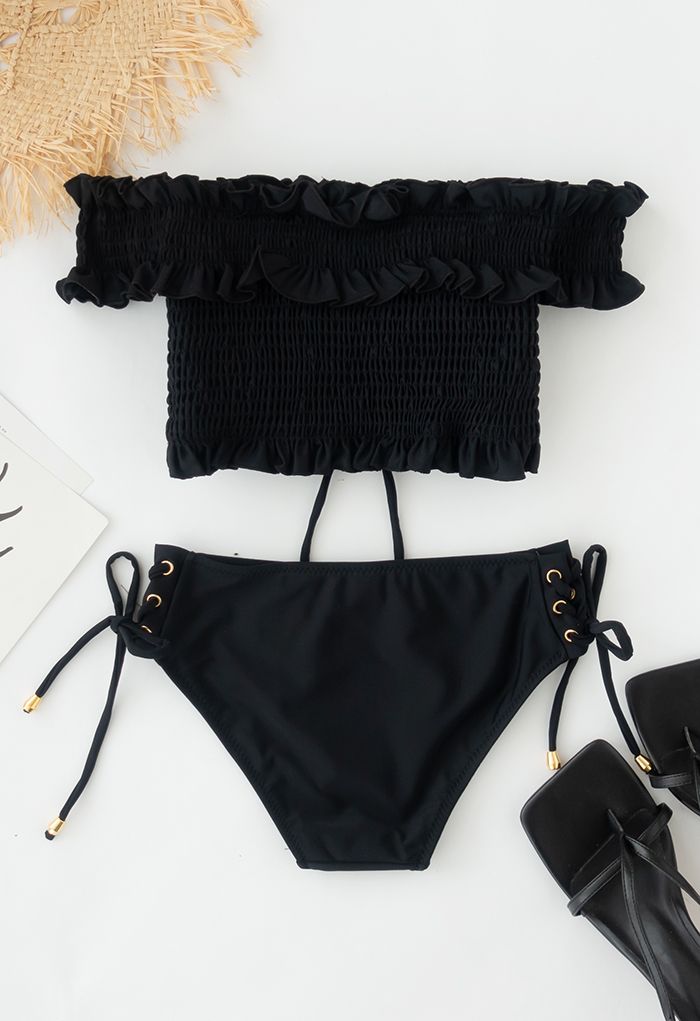 Lace-Up Ruffle Off-Shoulder Bikini Set in Black