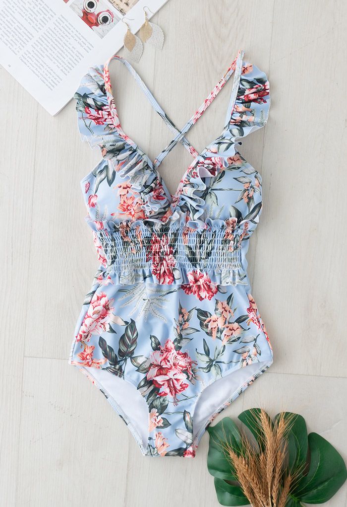 Flower Print Ruffle Shirring Swimsuit - Retro, Indie and Unique 