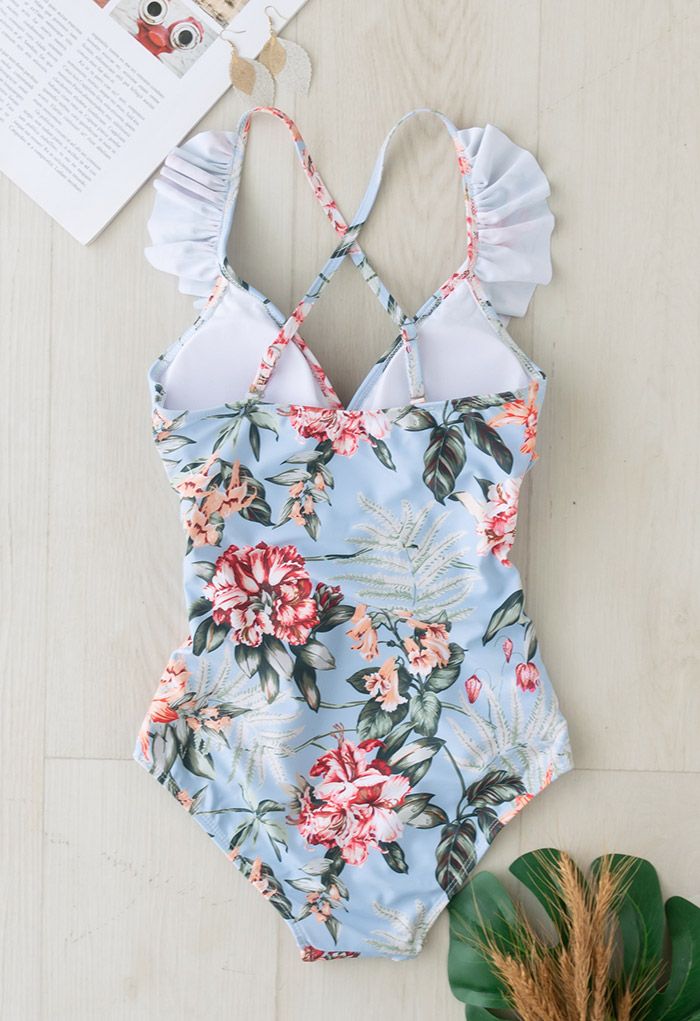 Flower Print Ruffle Shirring Swimsuit