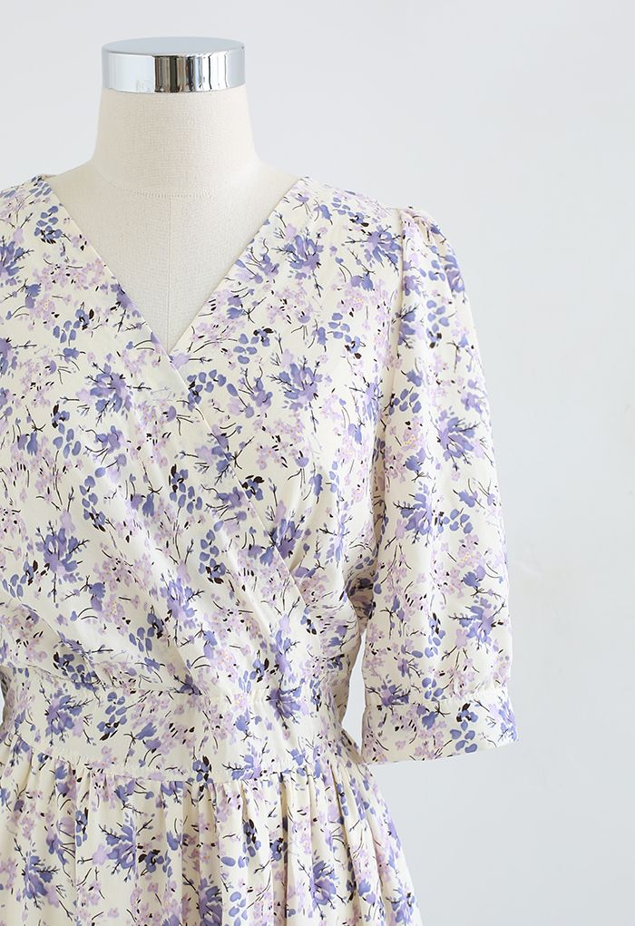 Purple Floral Frilling Wrapped Dress