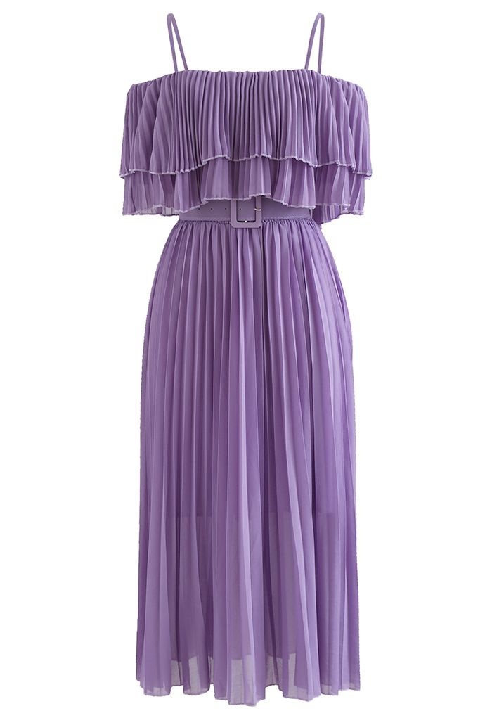 Tiered Cold-Shoulder Pleated Belted Dress in Purple