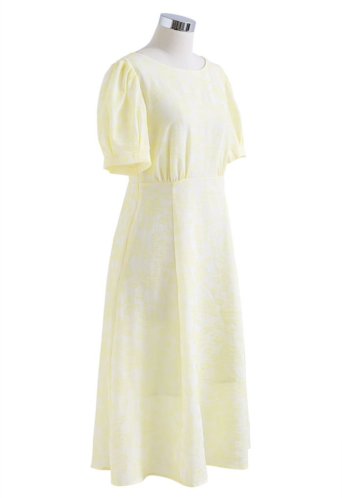 Shirred Cutout Back Blossom Jacquard Dress in Yellow
