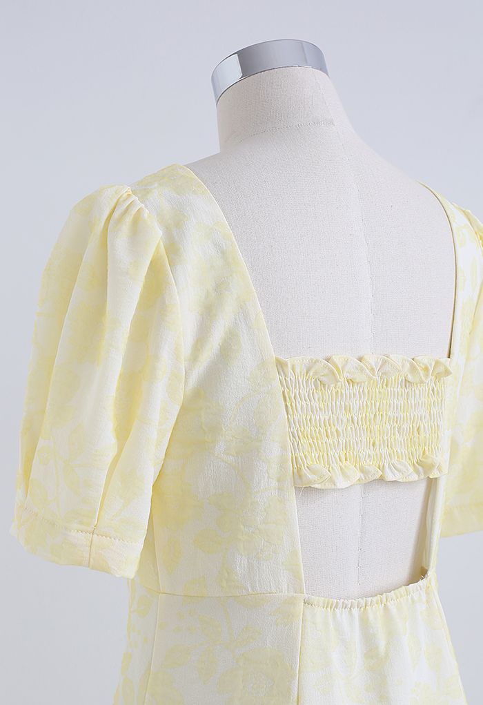 Shirred Cutout Back Blossom Jacquard Dress in Yellow
