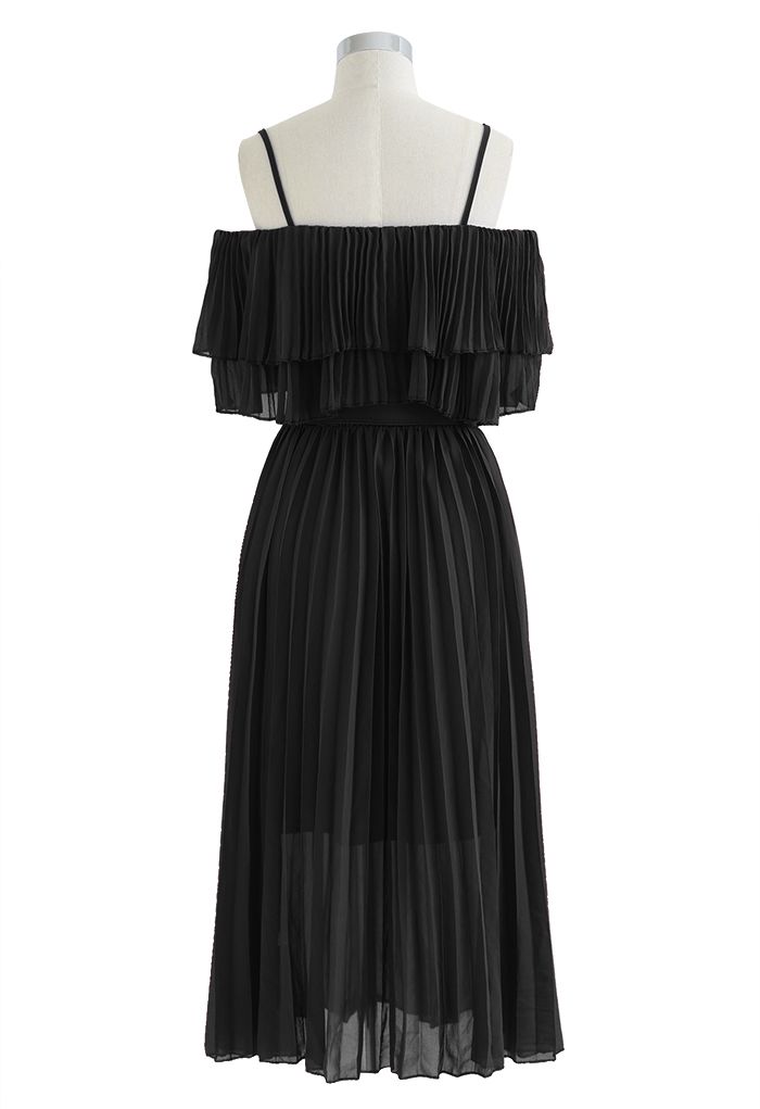 Tiered Cold-Shoulder Pleated Belted Dress in Black