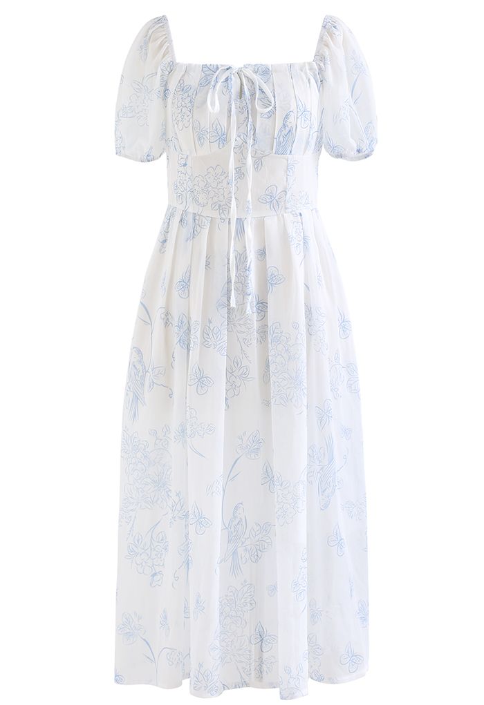 Blue Butterfly and Flower Square Neck Midi Dress
