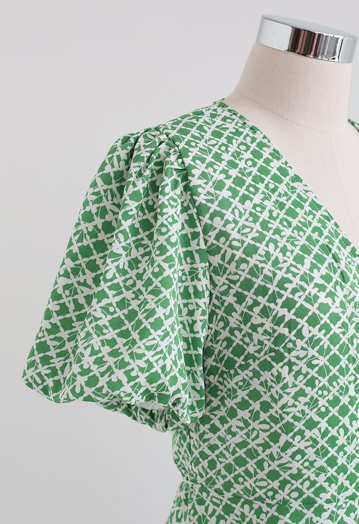 Floral Grid Puff Sleeve Wrap Midi Dress