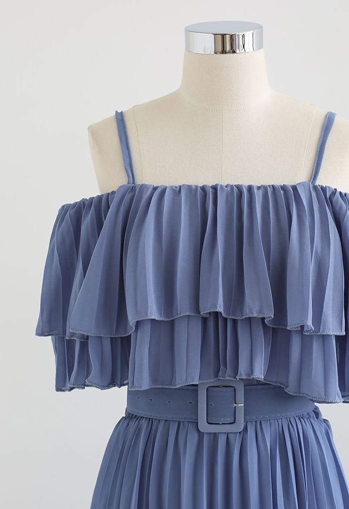 Tiered Cold-Shoulder Pleated Belted Dress in Blue