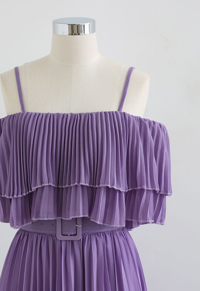 Tiered Cold-Shoulder Pleated Belted Dress in Purple