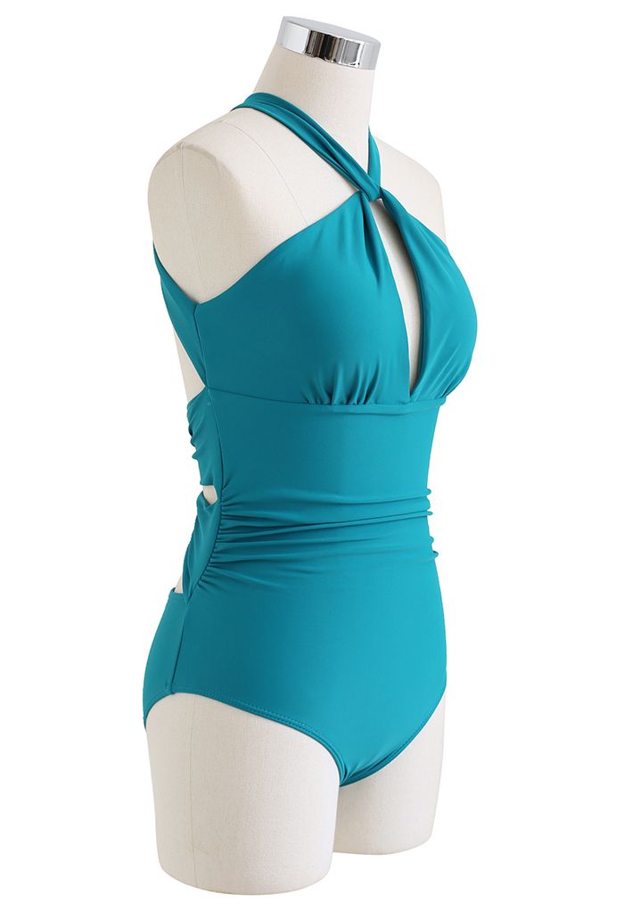 Halter Neck Cut Out Open Back Swimsuit in Turquoise
