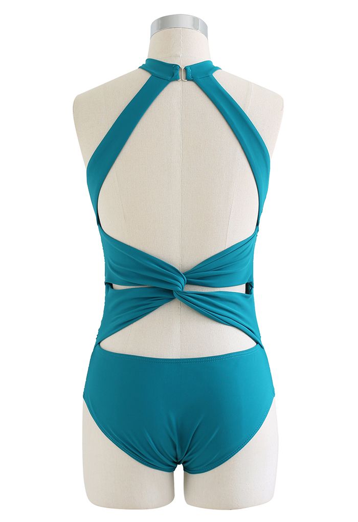 Halter Neck Cut Out Open Back Swimsuit in Turquoise