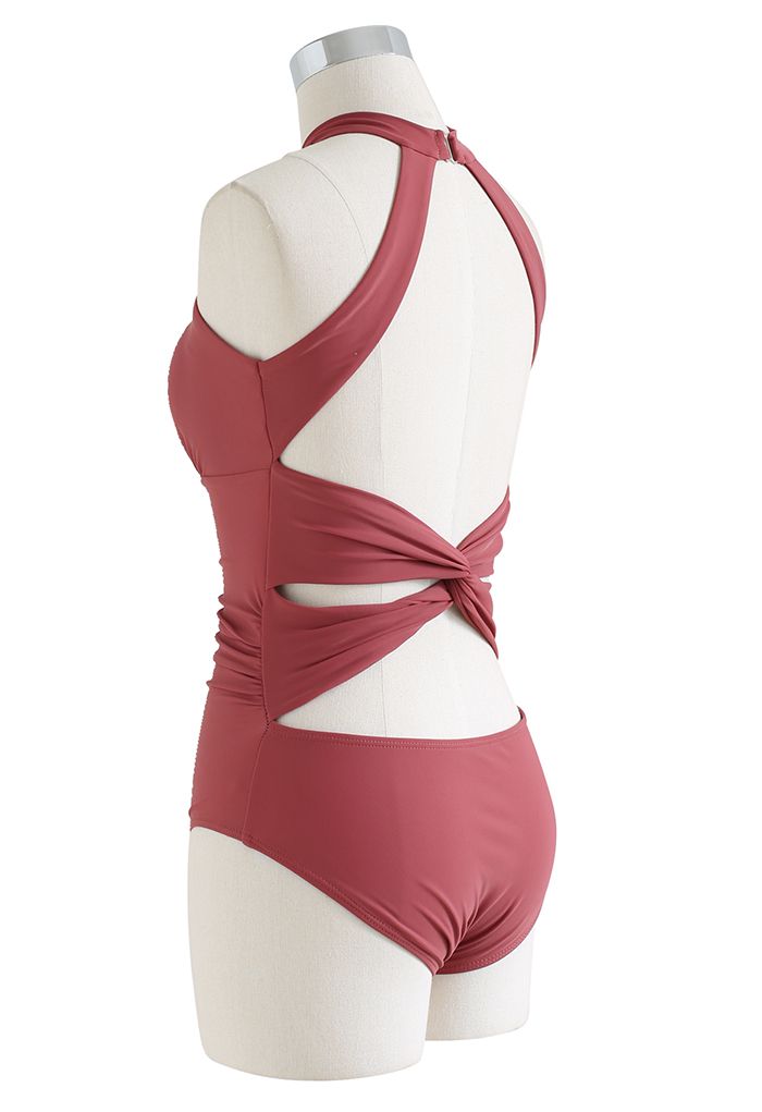Halter Neck Cut Out Open Back Swimsuit in Rust Red
