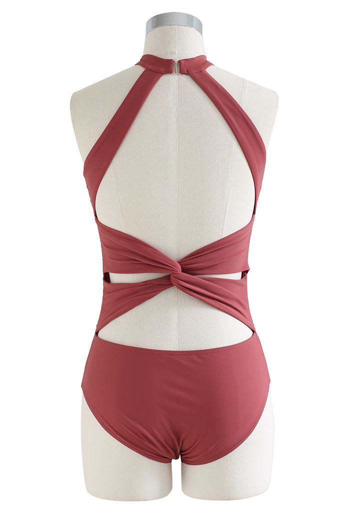 Halter Neck Cut Out Open Back Swimsuit in Rust Red