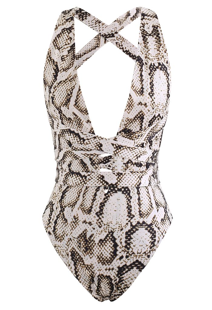 Snake Printed Lace-Up One-Piece Swimsuit - Retro, Indie and Unique Fashion
