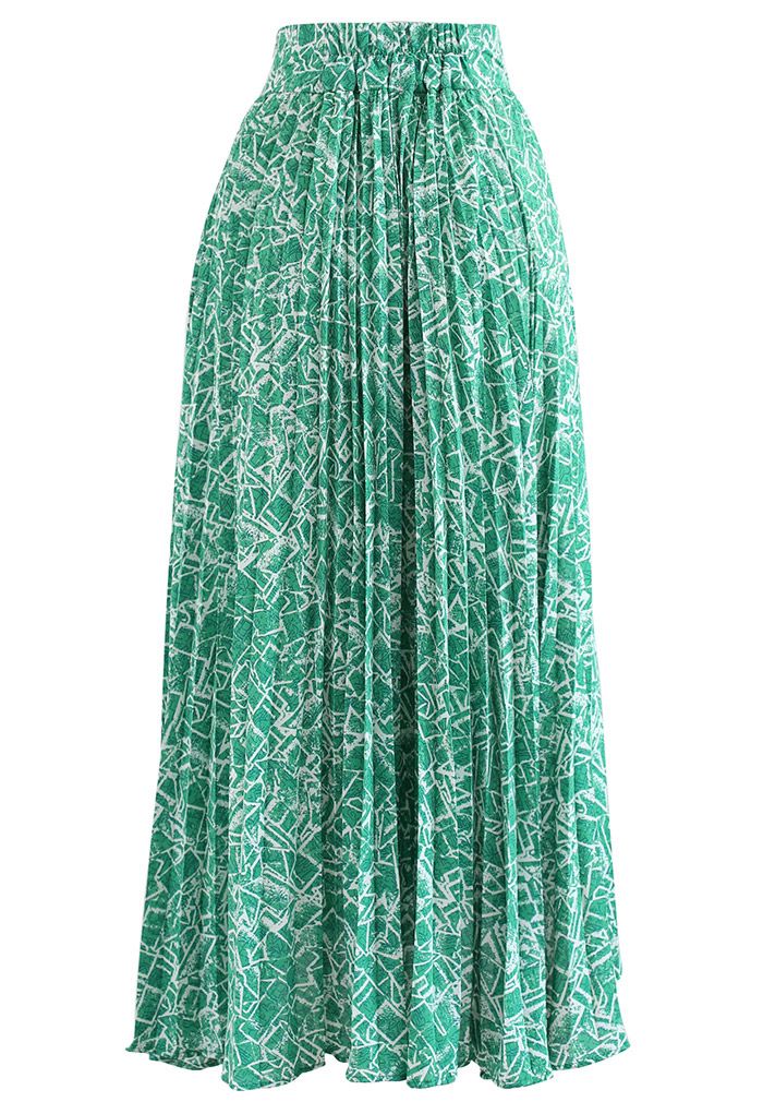 Irregular Line Pleated Asymmetric Maxi Skirt in Green