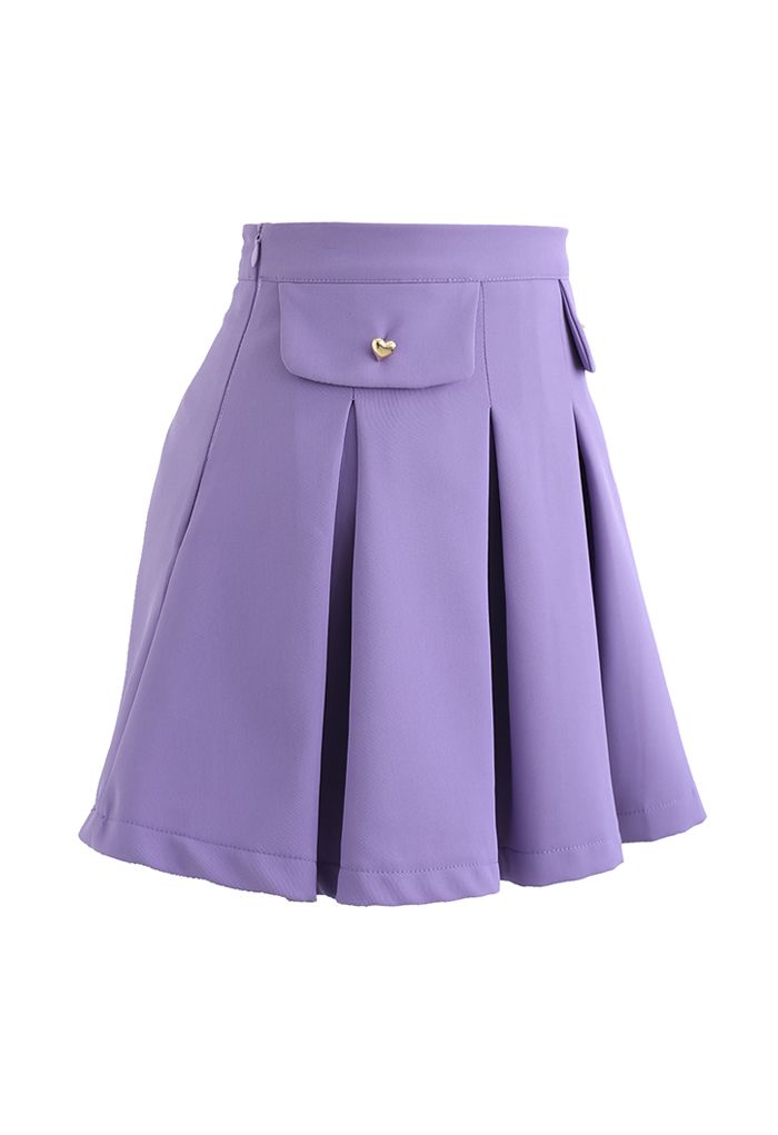 Tiny Heart Button Pleated Mini Skirt in Purple