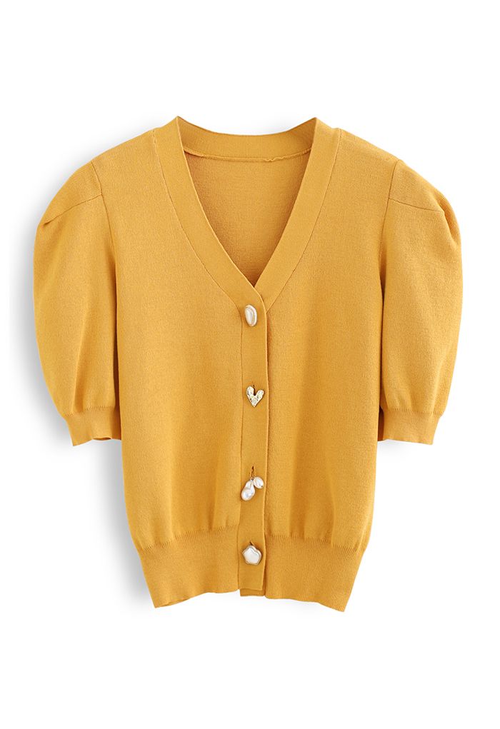 Jewelry Button Short Sleeves Crop Knit Cardigan in Mustard