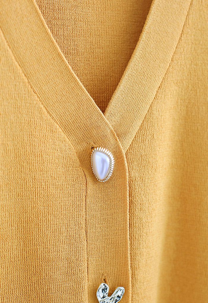 Jewelry Button Short Sleeves Crop Knit Cardigan in Mustard