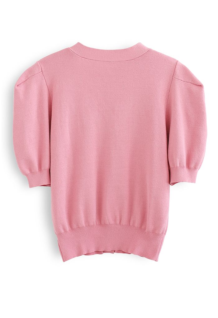 Jewelry Button Short Sleeves Crop Knit Cardigan in Pink