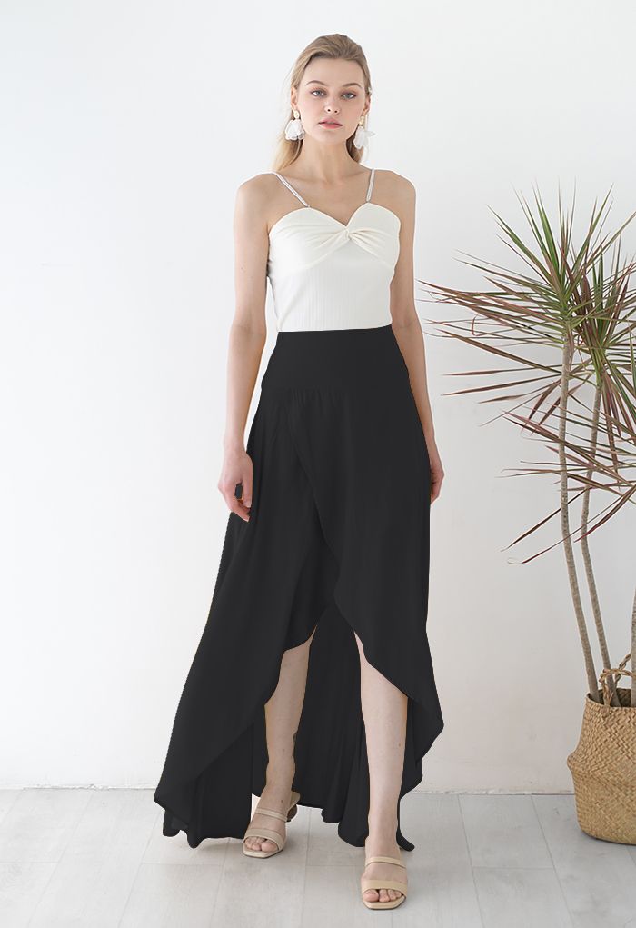 Lazy Summer Flap Front Hi-Lo Maxi Skirt in Black