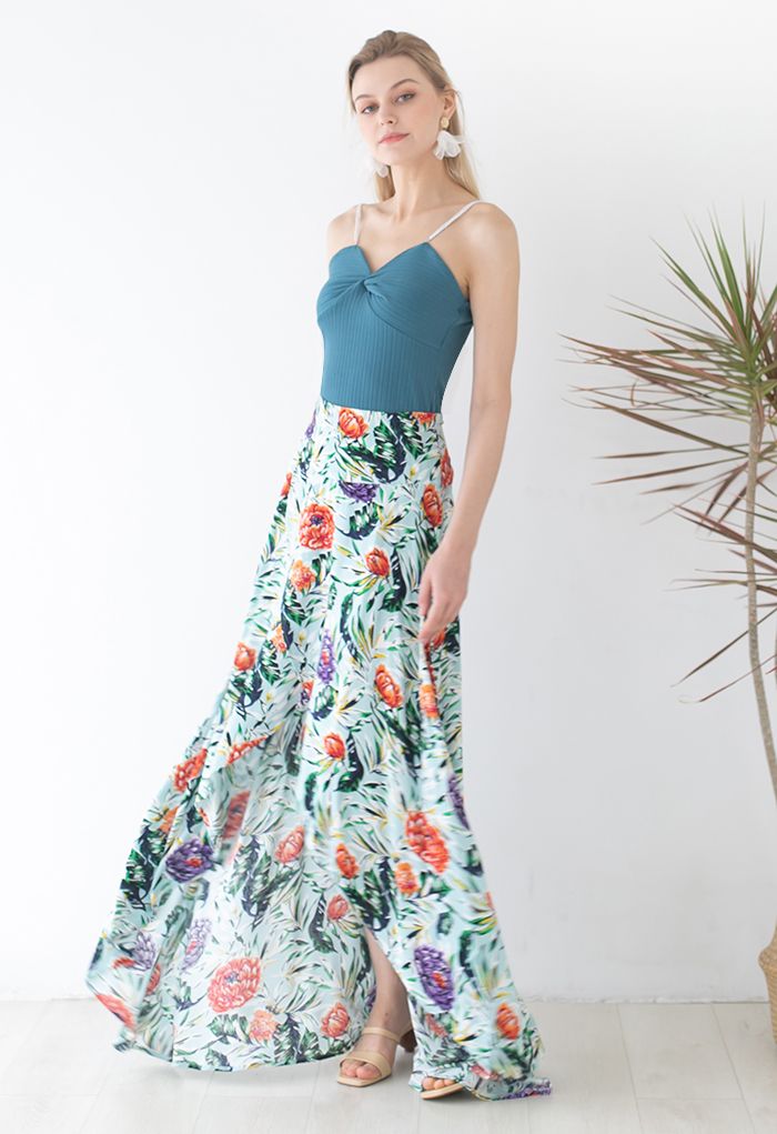 Lazy Summer Flap Front Hi-Lo Maxi Skirt in Tropical