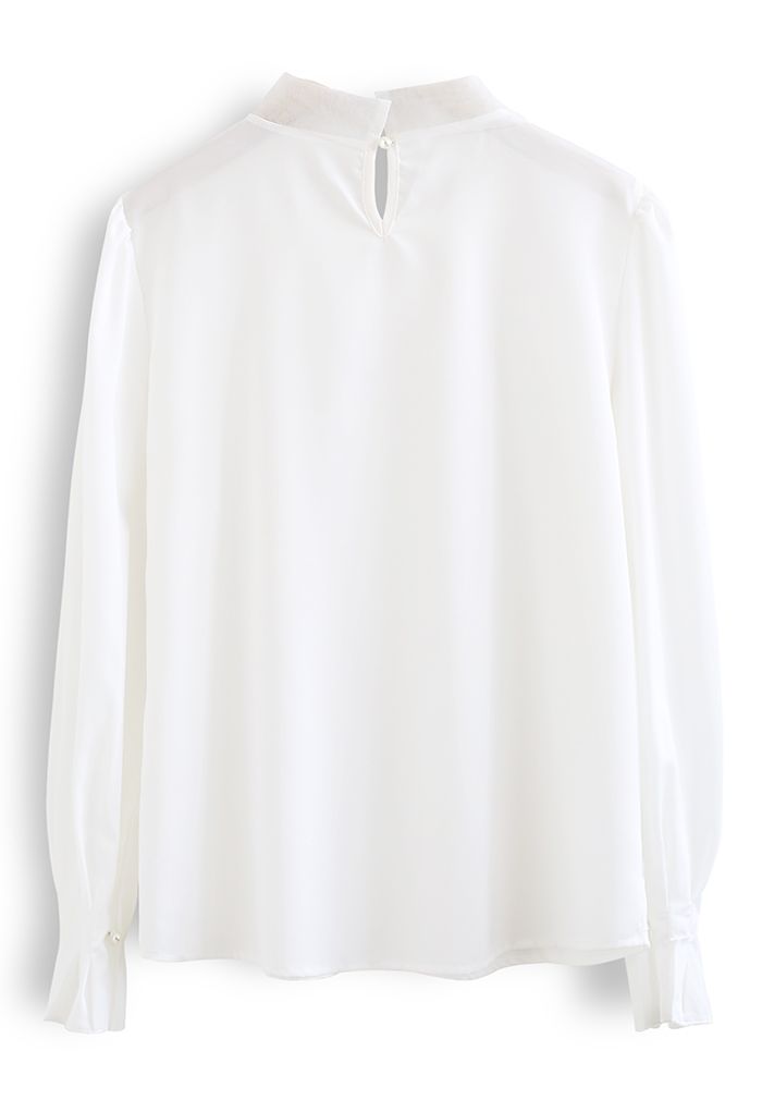 Pearly Mesh Bowknot Satin Shirt in White