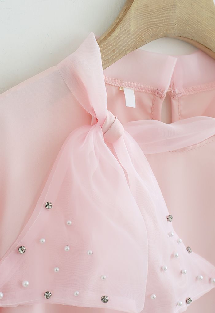 Pearly Mesh Bowknot Satin Shirt in Pink - Retro, Indie and Unique Fashion