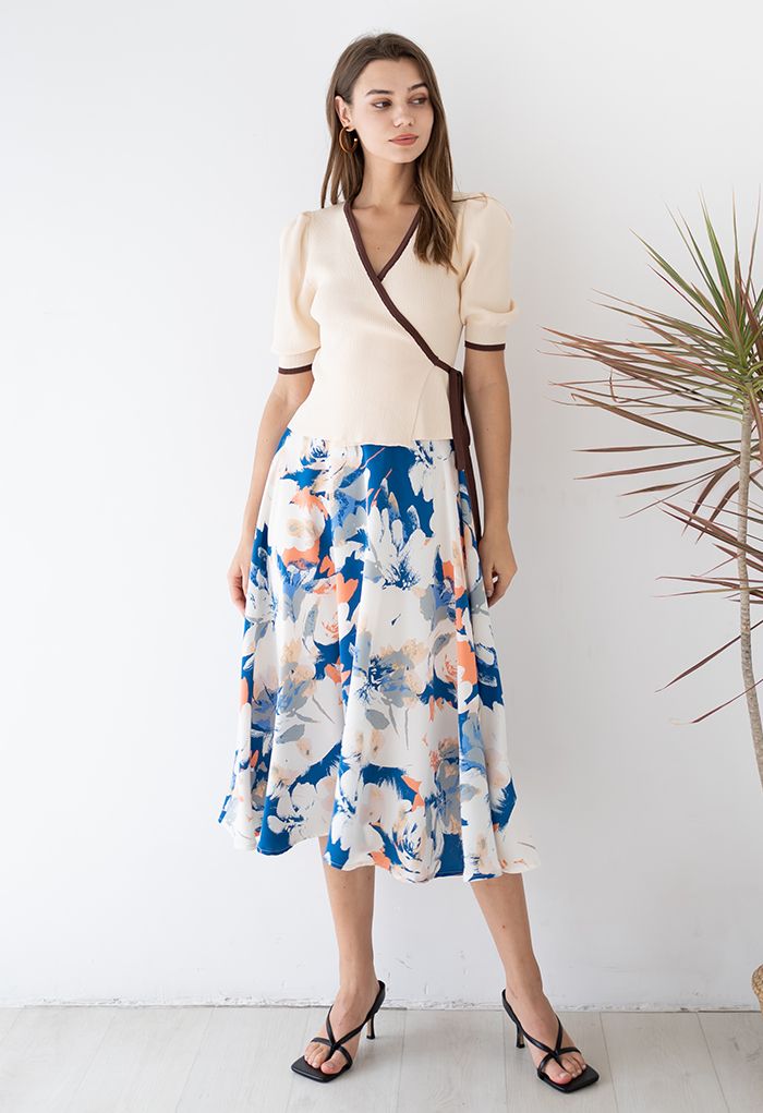 Abstract Floral Print Midi Skirt in Blue