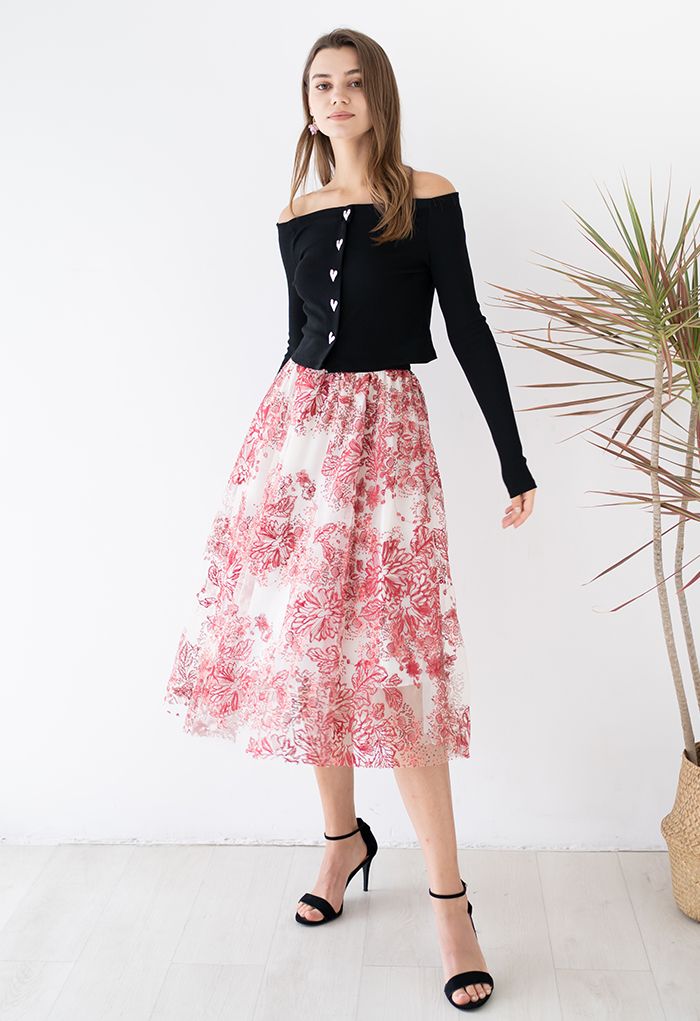 Sequined Flower Embroidered Mesh Midi Skirt in Red