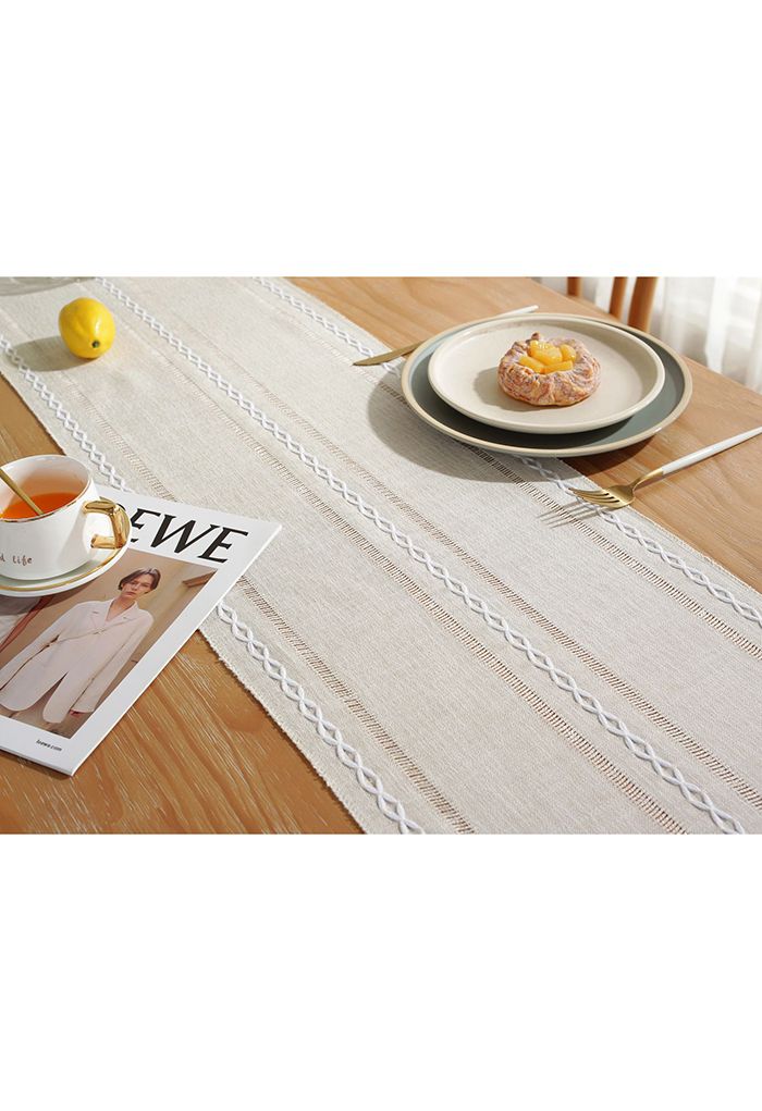 Cutwork Linen Fabric Tassel Edge Table Runner in Cream