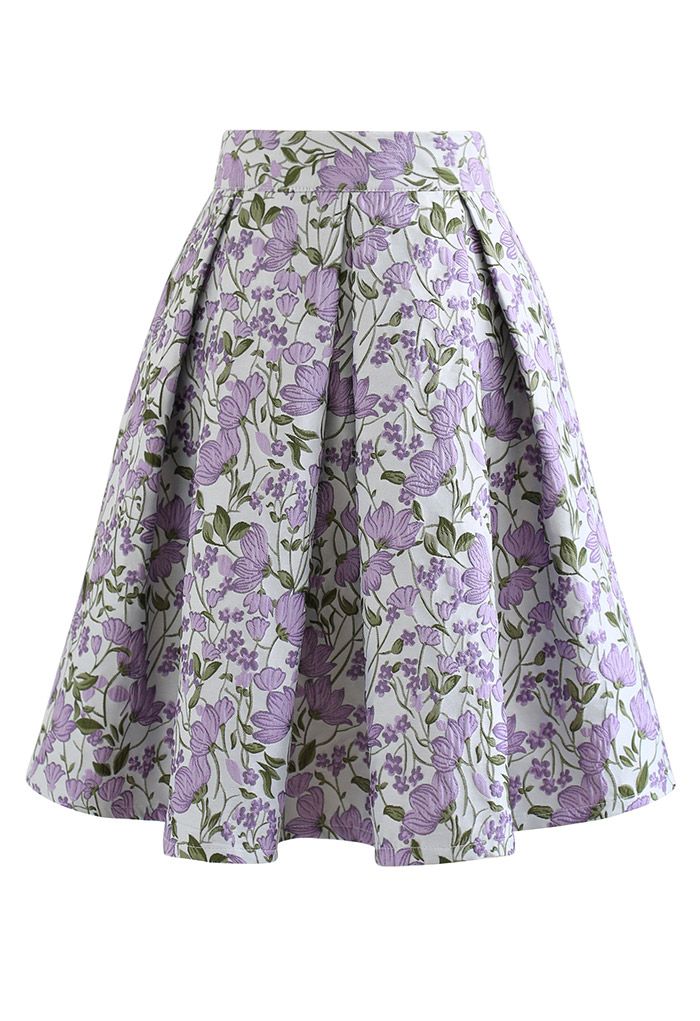 Stunning Flower Jacquard Pleated Mini Skirt in Violet