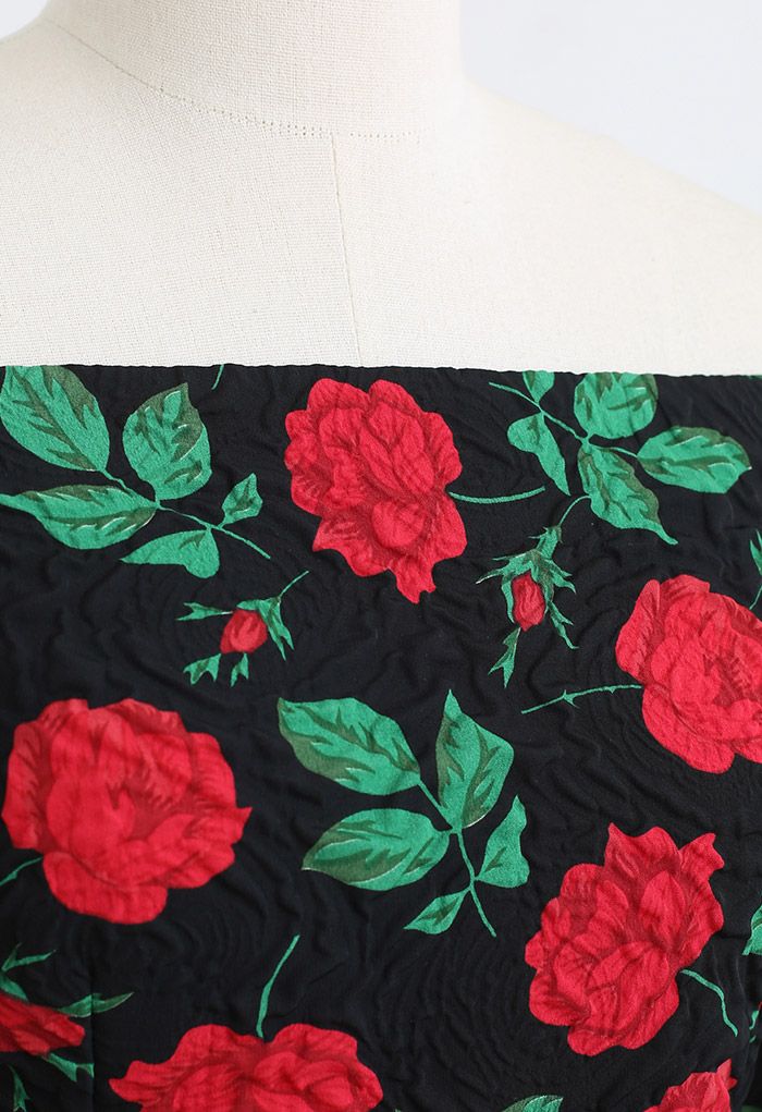Embossed Red Rose Off-Shoulder Crop Top in Black