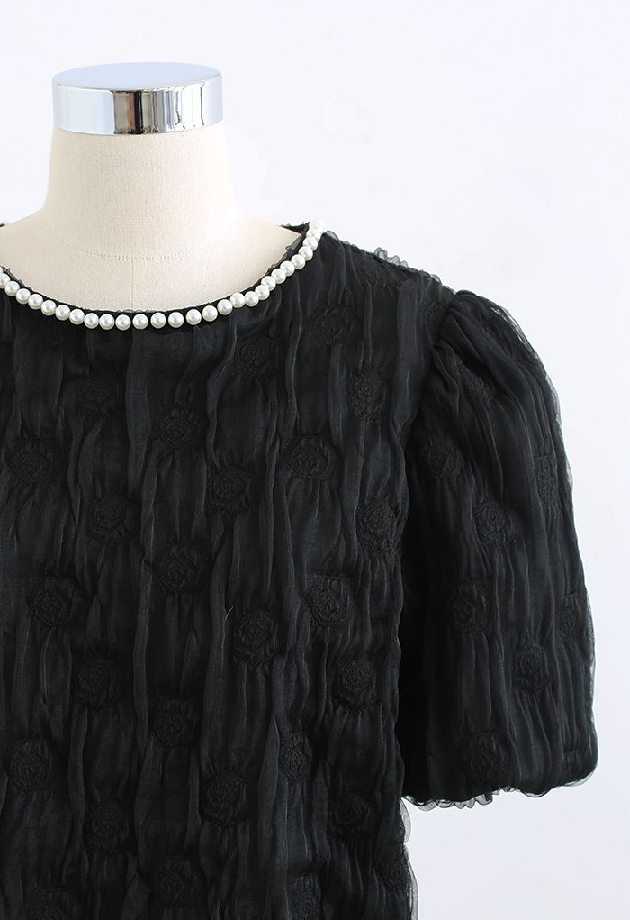Embossed Rose Pearly Neck Top in Black