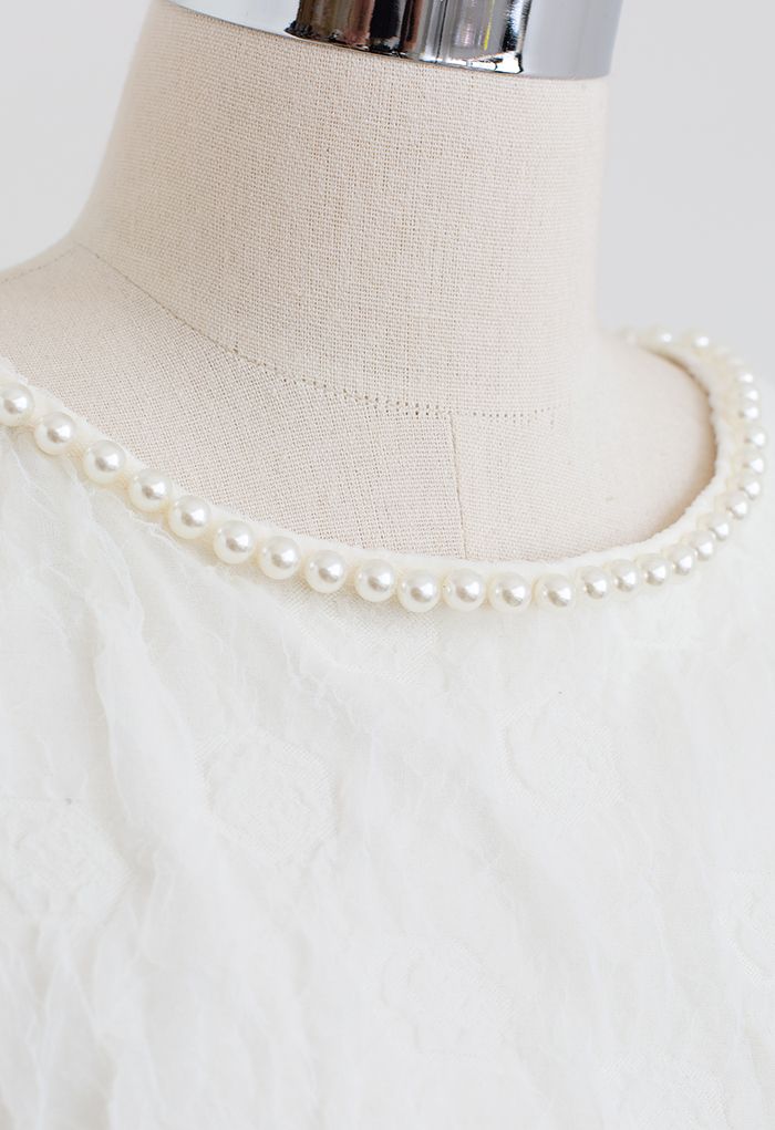 Embossed Rose Pearly Neck Top in Ivory