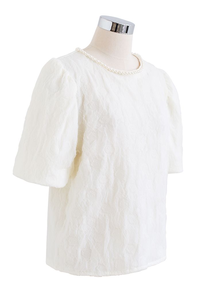 Embossed Rose Pearly Neck Top in Ivory