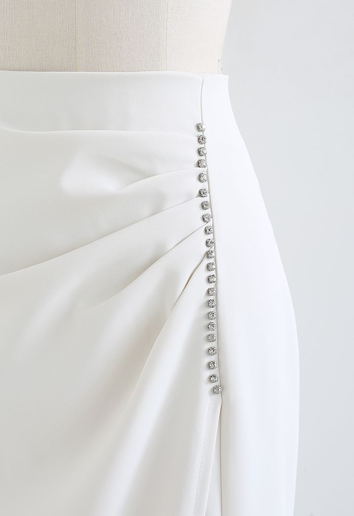 Crystal Trim Ruching Slit Pencil Skirt in White