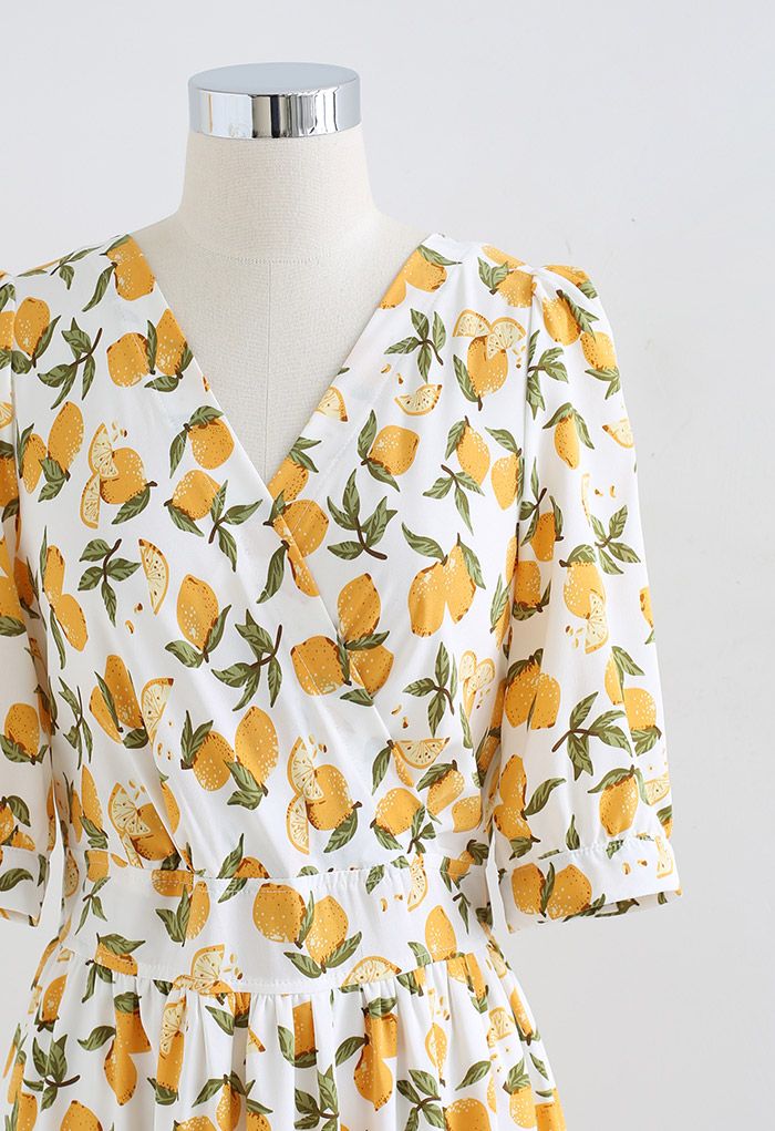 Summer Lemon Print Frilling Wrapped Dress
