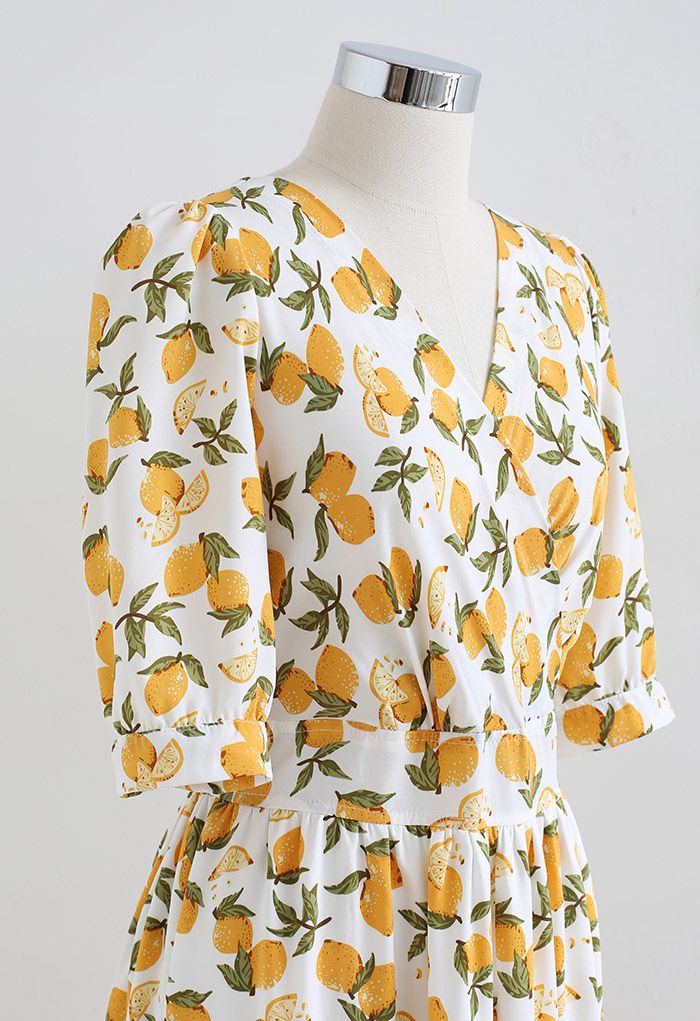 Summer Lemon Print Frilling Wrapped Dress