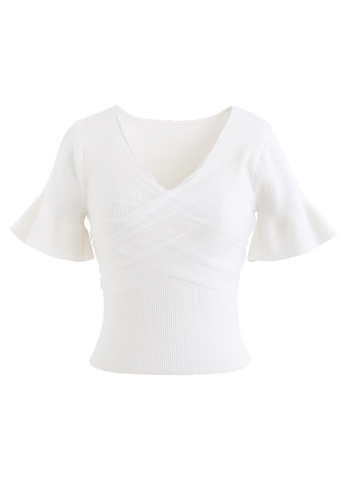Cross Mesh Flare Cuff Crop Knit Top in White - Retro, Indie and Unique ...